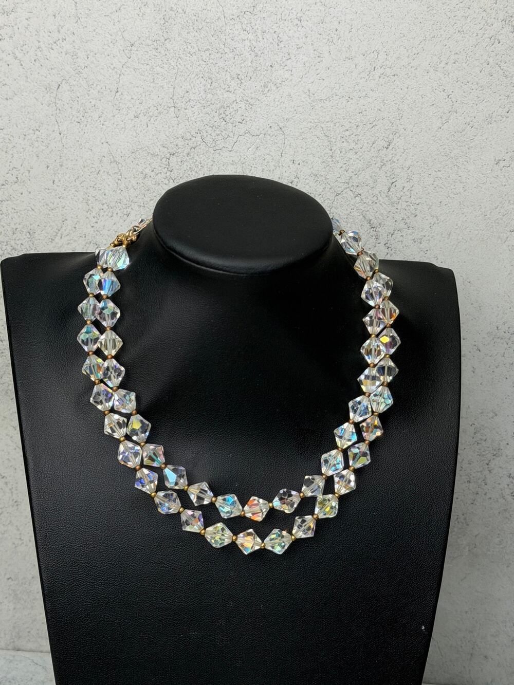 Vintage 1950s Lisner AB Double Strand Necklace bicone crystal Aurora Borealis